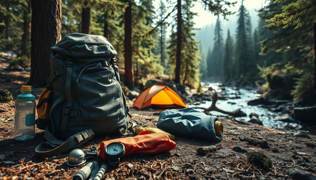 A remote wilderness setting, with a rugged backpack and essential survival gear strewn across the forest floor. Dappled sunlight filters through the canopy, casting a warm, adventurous glow. In the foreground, a compass, water bottle, and emergency blanket lie ready for use. In the middle ground, a sturdy tent and sleeping bag are neatly packed, hinting at the wearer's preparedness. In the background, towering pine trees and a meandering stream suggest a serene, secluded location, perfect for weathering unexpected challenges. The mood is one of self-reliance, resilience, and a sense of being at home in the great outdoors.