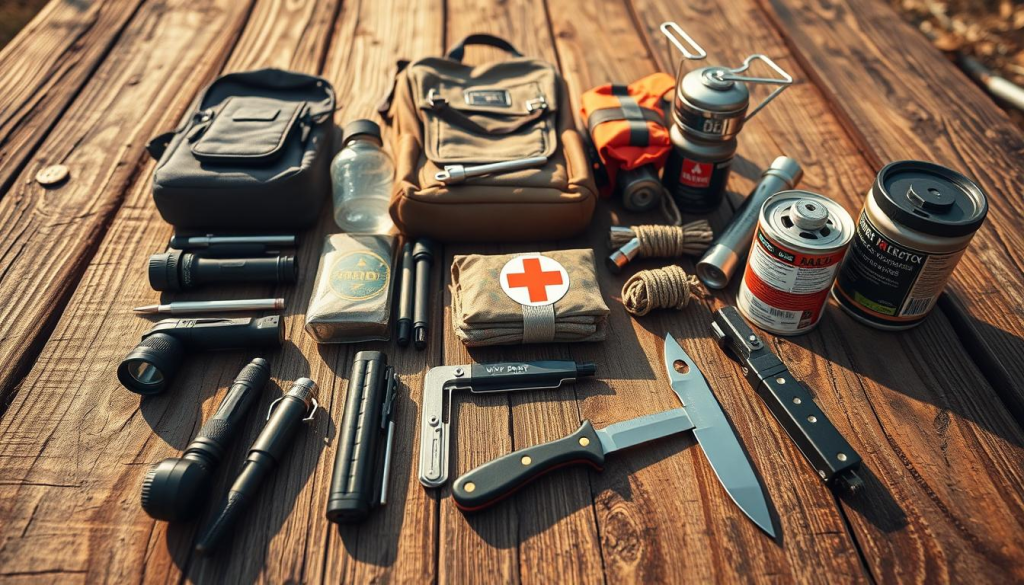 A rugged, DIY-inspired bug out gear spread laid out on a weathered wooden surface. In the foreground, an array of essential tools - a multitool, flashlight, compass, and a fixed-blade knife. In the middle ground, a small backpack, water canteen, and a roll of paracord. In the background, a first aid kit, emergency blanket, and a small stove with a fuel canister. Warm, natural lighting casts a golden glow, emphasizing the utilitarian nature of the gear. The overall scene conveys a sense of preparedness and self-reliance, perfect for an article on budget-friendly bug out essentials.