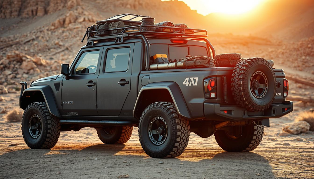 A rugged, all-terrain 4x4 truck parked in a remote, off-grid location. The vehicle's exterior is covered in a matte black military-style paint job, with weathered metal accents and oversized all-terrain tires. The truck's rooftop is equipped with a sturdy rack, holding various survival gear and supplies. The scene is bathed in a warm, golden light, casting long shadows across the arid, rocky terrain in the background. The mood conveys a sense of preparedness, self-reliance, and the ability to handle unpredictable situations.