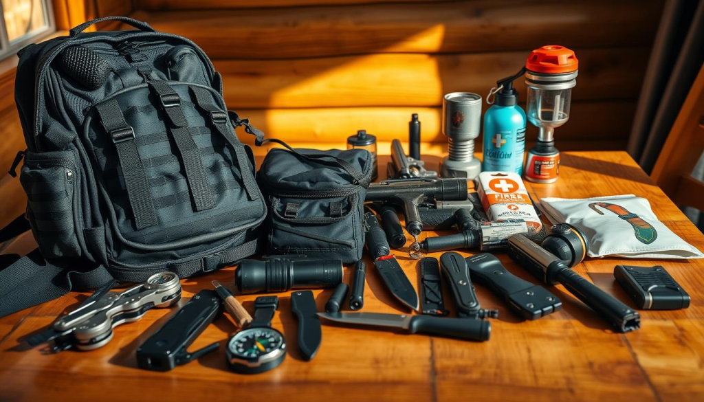 A rugged and organized array of essential survival gear lays on a sturdy wooden table, illuminated by warm, natural lighting. In the foreground, a high-quality tactical backpack, a multi-tool, a compass, and a water filtration system are neatly arranged. In the middle ground, a tactical knife, a flashlight, and a first-aid kit are prominently displayed. In the background, a reliable fire-starting kit, a sturdy camping stove, and a durable water bottle stand ready for any emergency. The overall composition conveys a sense of preparedness, resilience, and the importance of a comprehensive bug-out plan.