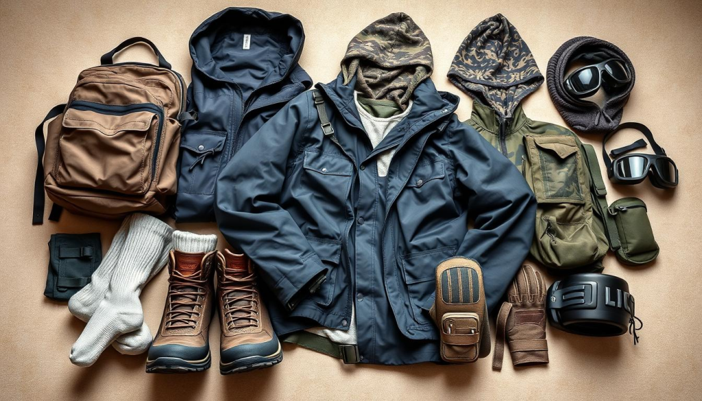 A rugged and practical bug out bag laid out on a neutral background, displaying an assortment of essential clothing and protective gear. In the foreground, a sturdy pair of hiking boots, thick wool socks, and a heavy-duty jacket with multiple pockets. In the middle ground, a tactical backpack, a waterproof poncho, and a pair of reinforced work gloves. In the background, a camouflage-patterned beanie, a neck gaiter, and a pair of tactical goggles. The lighting is natural and evenly distributed, showcasing the durability and functionality of the items. The overall mood is one of preparedness and resilience, suitable for an emergency situation.