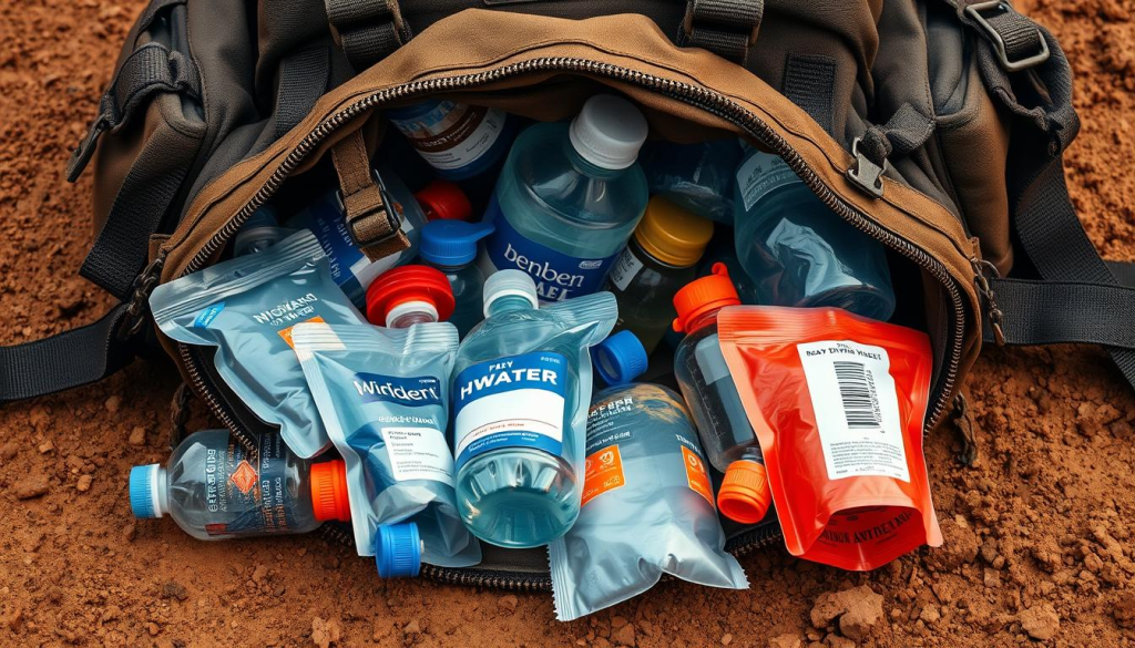 A rugged and weathered bug out bag, its contents spilling out to reveal a collection of ready-to-drink water pouches and bottles. The scene is set against a gritty, textured background, with a warm, golden light illuminating the items. The water containers are depicted with meticulous detail, showcasing their variety in sizes, shapes, and brands, all designed for easy portability and quick hydration in an emergency situation. The overall composition conveys a sense of preparedness, practicality, and the importance of having reliable water sources readily available in a bug out bag.