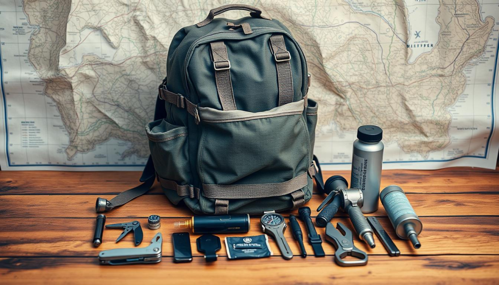 A rugged backpack sits on a sturdy wooden table, surrounded by a carefully curated assortment of essential survival gear. The pack's exterior is weathered and utilitarian, with reinforced straps and pockets designed to withstand the rigors of the great outdoors. Beside it, a multitool, a compass, a first-aid kit, and a water filter lie in organized rows, their metallic surfaces gleaming under the warm, directional lighting. In the background, a map unfurls, its topographic lines hinting at the challenges and adventures that await the prepared explorer. The overall scene conveys a sense of preparedness, resilience, and the determination to face the unknown, perfectly capturing the essence of training with a well-stocked bug-out bag.