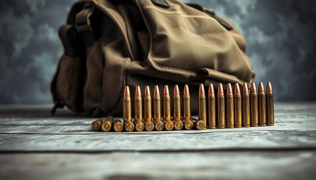 A rugged bug out bag rests on a weathered wooden surface, its contents meticulously arranged. In the foreground, an assortment of ammunition cartridges in various calibers - 9mm, .45 ACP, .223 Remington - each stack neatly, reflecting the soft ambient lighting. The middle ground features the bag itself, its durable exterior scuffed and worn, hinting at past adventures. In the background, a backdrop of neutral grays and browns evokes a sense of preparedness and practicality. The overall scene conveys a utilitarian atmosphere, highlighting the essential nature of the ammunition's presence within the bug out bag.