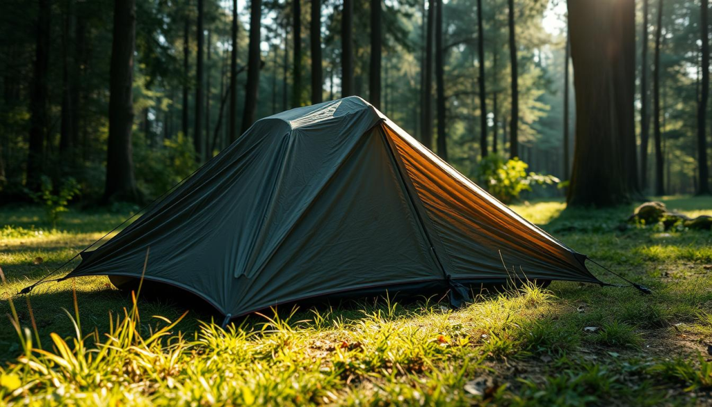 A rugged, compact tent resting on a grassy forest floor, its tapered silhouette casting a long shadow. Sunlight filters through the canopy above, casting a warm, natural glow. The tent's durable nylon exterior is taut and weathered, suggesting its ability to withstand the elements. Its minimalist design features a streamlined profile, indicating its portability and ease of transport. The overall scene conveys a sense of preparedness and self-reliance, ideal for an emergency bug-out scenario.