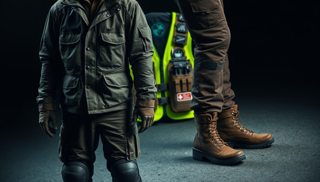 A rugged, durable outfit for the ultimate car bug-out scenario. In the foreground, a sturdy, water-resistant jacket with multiple pockets and reinforced elbows, paired with heavy-duty cargo pants with knee pads and reinforced seams. In the middle ground, a high-visibility tactical vest with MOLLE webbing, equipped with essential survival gear like a compass, multi-tool, and first aid kit. In the background, a pair of well-tread, ankle-high boots with aggressive treads for navigating varied terrain. The lighting is a moody, low-key affair, casting dramatic shadows that accentuate the functional nature of the ensemble. The overall tone conveys a sense of preparedness and resilience, suitable for the discerning car bug-out enthusiast.