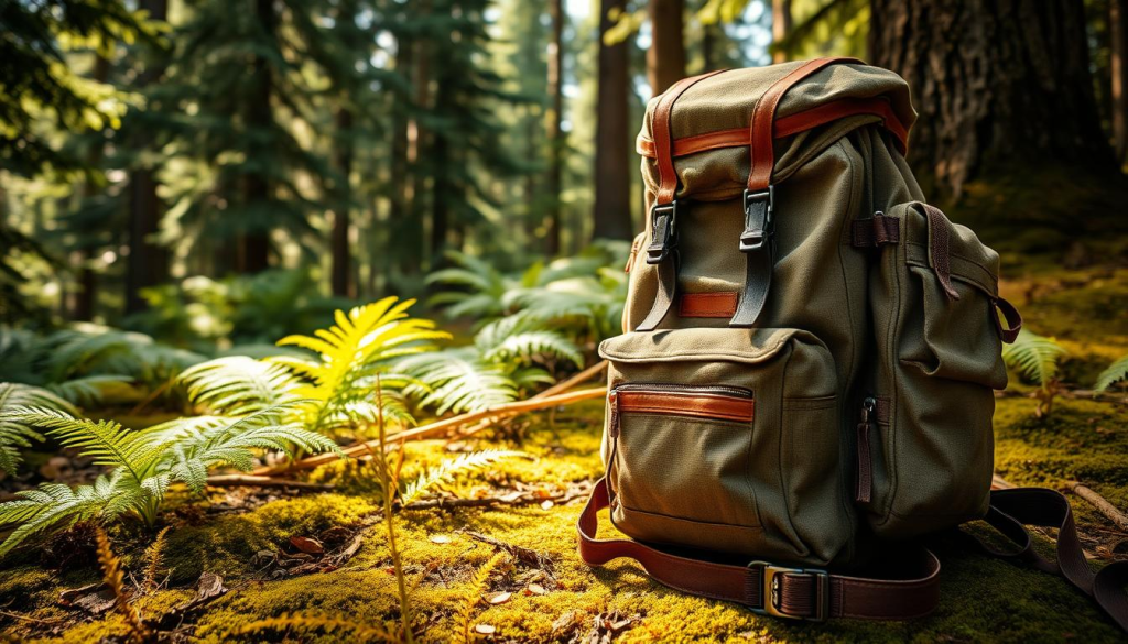 A rugged, expedition-grade wilderness survival backpack rests on a mossy forest floor, surrounded by lush ferns and towering evergreen trees. The pack's exterior features durable, weathered canvas and leather accents, with a utilitarian array of pockets, straps, and buckles. Sunlight filters through the canopy, casting warm, directional lighting across the scene, highlighting the pack's practical, adventure-ready design. The overall atmosphere evokes a sense of preparedness and self-reliance, perfectly suited for the "Choosing the Right Backpack" section of the "The Essential Bug Out Bag Builder: Prepare for Anything" article.