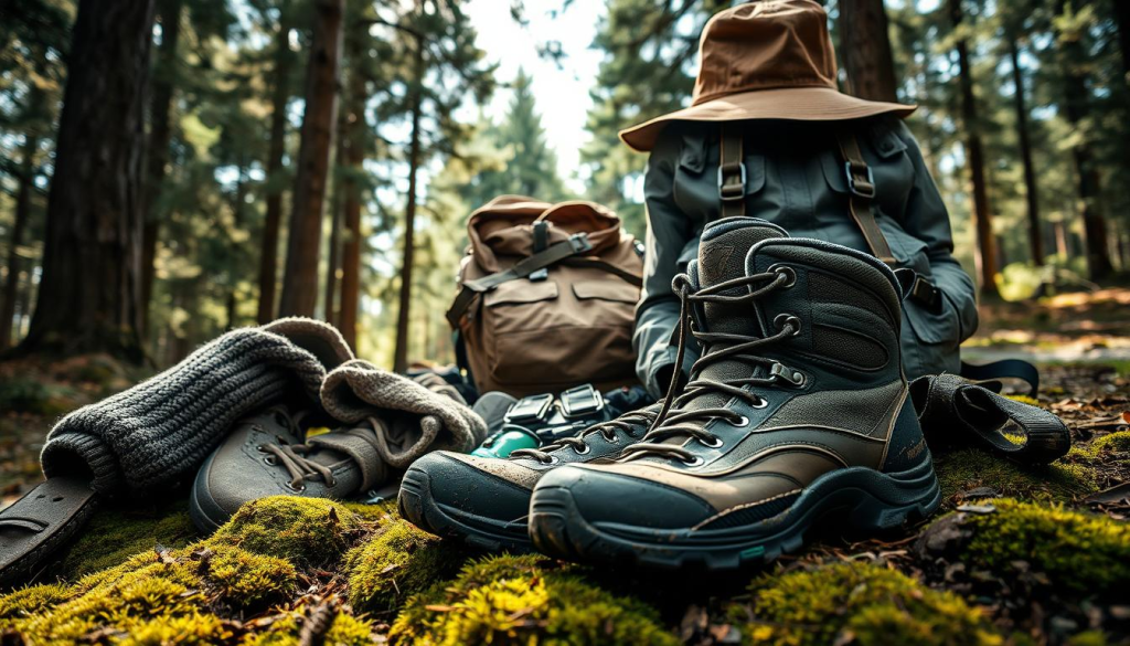 A rugged outdoor scene, with a well-curated selection of essential clothing and footwear accessories. In the foreground, a sturdy pair of hiking boots, mud-splattered and laced tightly, resting on a mossy forest floor. Surrounding them, a warm wool sweater, a waterproof jacket with multiple pockets, and a wide-brimmed hat to shield from the sun. In the middle ground, a backpack with straps and buckles, ready to carry the necessities. In the background, towering pine trees, with dappled sunlight filtering through the branches, creating a serene and adventurous atmosphere. The lighting is natural, with soft shadows and highlights that accentuate the textures and materials of the outdoor gear.
