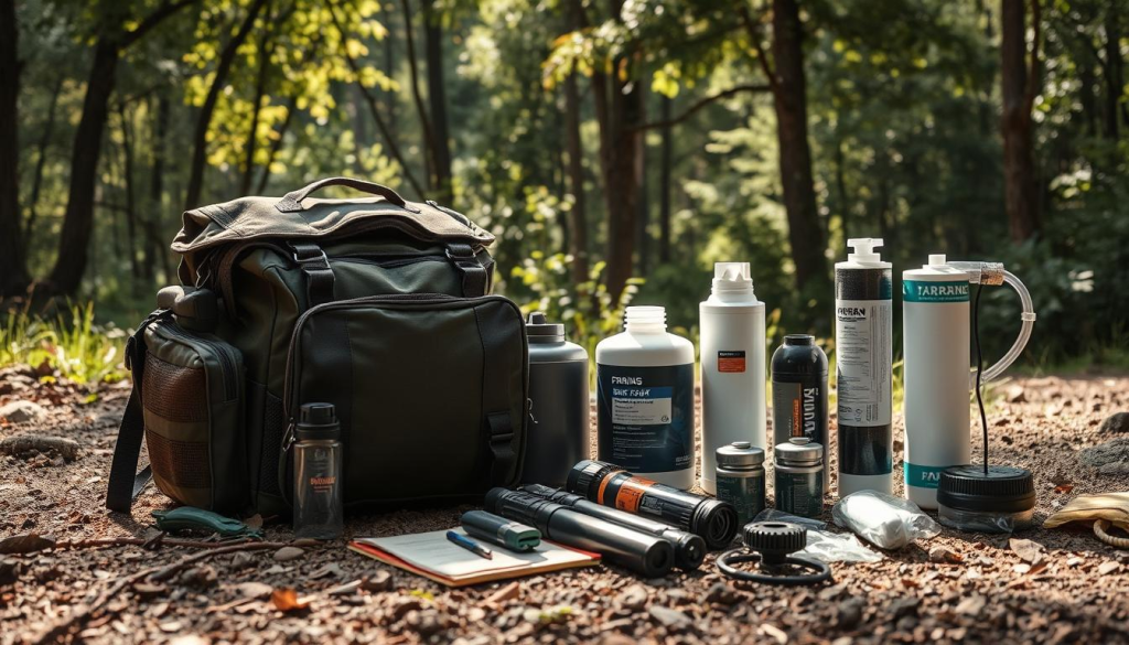 A rugged, outdoor scene with a well-stocked bug-out bag in the foreground, its contents meticulously arranged. In the middle ground, a variety of water filtration solutions - from portable pumps to gravity-fed systems - laid out for inspection. The background features a lush, wooded landscape, with dappled sunlight filtering through the trees, creating a warm, adventurous atmosphere. The overall composition conveys a sense of preparedness and self-reliance, essential for the ultimate bug-out bag.