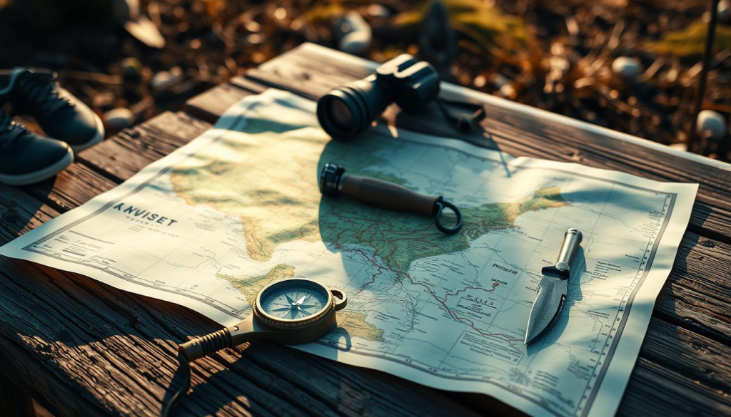 A rugged outdoor setting, with a detailed map of a wilderness terrain spread out on a weathered wooden table. A compass, binoculars, and a survival knife are placed next to the map, conveying a sense of preparedness and strategic planning. The lighting is warm and natural, casting a soft glow over the scene, evoking a feeling of tranquility and focus. The overall atmosphere suggests a thoughtful, methodical approach to creating a comprehensive "bug out plan" for navigating and surviving in an emergency situation.