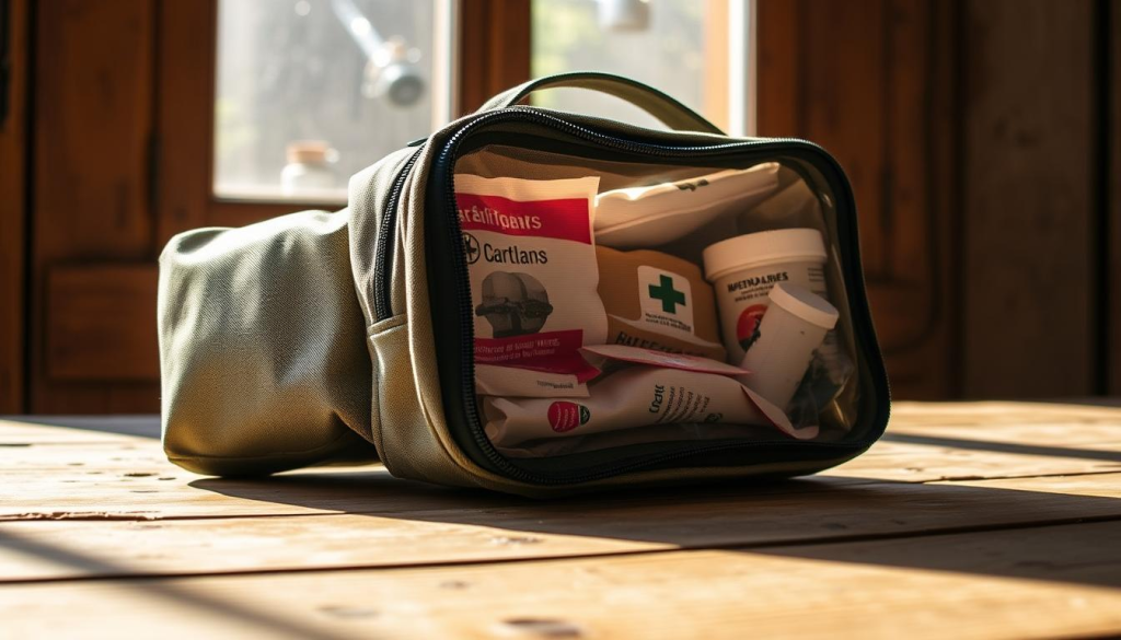 A rugged, portable first aid kit resting on a weathered wooden surface, illuminated by natural daylight filtering through a window. The kit's exterior is made of durable canvas or nylon, with a sturdy zipper closure and reinforced corners. Visible through the semi-transparent material are the outlines of essential medical supplies - bandages, antiseptic wipes, medications, and other emergency items. The kit's design is practical and minimalist, suggesting a focus on functionality over excess. The lighting casts warm, soft shadows, creating a sense of preparedness and reliability, suitable for a section on selecting the right storage for a bug-out bag medical kit.