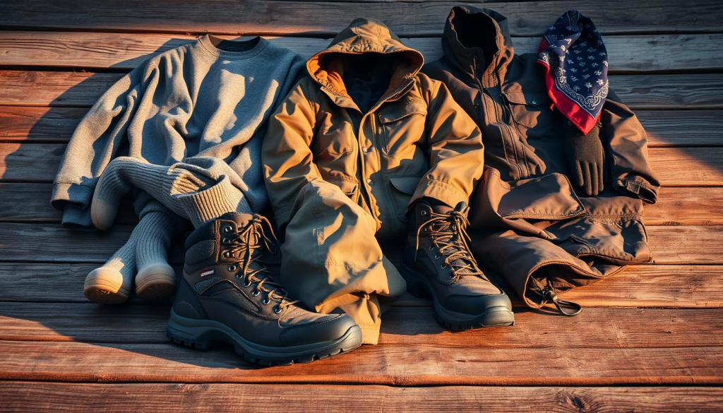 A rugged selection of essential bug out bag clothing items arranged on a weathered wooden surface, illuminated by warm natural lighting. In the foreground, a sturdy pair of hiking boots, thick wool socks, and a durable pair of cargo pants. In the middle ground, a long-sleeved base layer, a water-resistant outer shell, and a warm insulating jacket. In the background, a wide-brimmed hat, fingerless gloves, and a versatile multi-purpose bandana. The overall scene conveys a sense of preparedness and resilience, ready to withstand the challenges of an emergency situation.