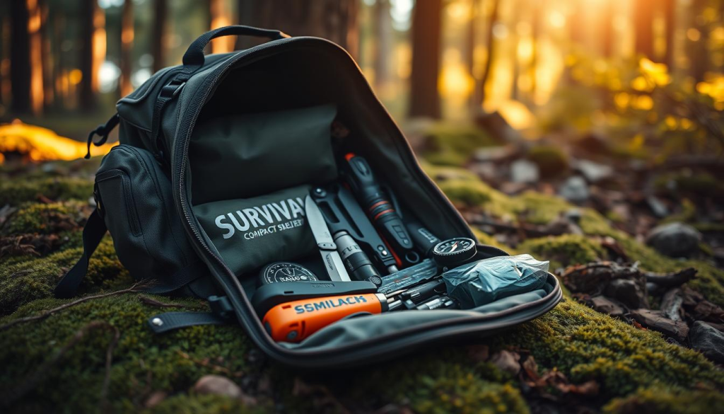 A rugged survival backpack lies open on a mossy forest floor, illuminated by warm, diffused natural light filtering through the canopy above. The pack's contents are meticulously arranged - a compact shelter, a survival knife, a water filtration system, a fire starter, a compass, and other essential gear. The scene evokes a sense of preparedness and self-reliance, conveying the importance of being equipped for unexpected challenges in the wilderness.