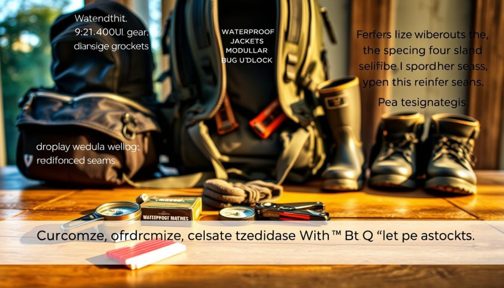 A rugged, waterproof bug out bag sits on a wooden table, its contents neatly arranged. In the foreground, survival gear including a compass, waterproof matches, and a multi-tool gleam under warm, natural lighting. In the middle ground, a weatherproof jacket, gloves, and rain boots stand ready for the unpredictable outdoors. The background features an open backpack with drainage grommets, modular webbing, and reinforced seams, conveying resilience and adaptability. The overall scene evokes a sense of preparedness and capability, perfectly suited for customizing a reliable, waterproof bug out kit.