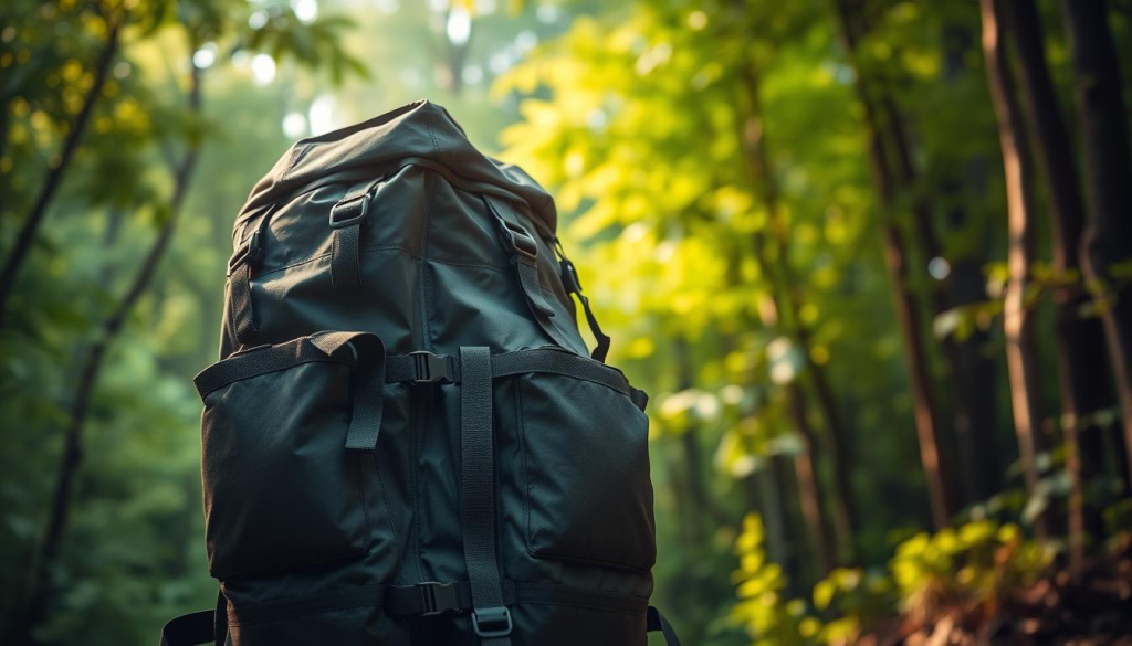 A rugged, waterproof survival backpack sits against a backdrop of lush, verdant forest. The pack's durable, weatherproof fabric glistens under a beam of soft, natural light, hinting at its protective capabilities. Sturdy straps and reinforced buckles suggest its ability to withstand the rigors of outdoor adventure. The backpack's silhouette is clean and functional, with thoughtful pockets and compartments for organizing essential survival gear. A sense of preparedness and resilience emanates from the scene, conveying the backpack's suitability for reliable bug-out scenarios.