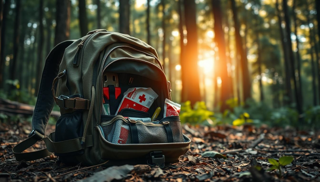 A rugged, weathered backpack sits on a forest floor, its fabric and straps weathered by the elements. Sunlight filters through the canopy, casting a warm glow on the pack's durable construction. The pack's contents are neatly organized, visible through transparent mesh pockets - survival tools, first aid kits, and emergency supplies ready for any situation. In the background, a dense forest backdrop sets the scene, hinting at the adventurous journey this backpack is ready to undertake. The overall composition conveys a sense of preparedness, resilience, and the confidence to face any unexpected challenge.