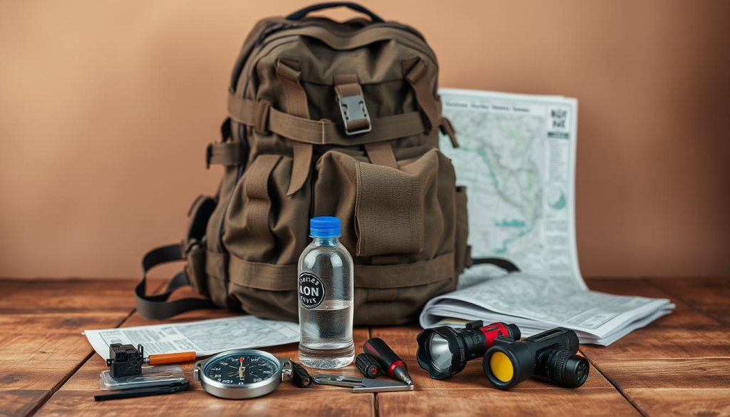 A rugged, weathered backpack sits on a wooden surface, surrounded by essential survival items. The backpack's exterior is adorned with practical attachments, hinting at its purpose as a "bug out bag". In the foreground, a compass, a water bottle, and other compact emergency tools are neatly arranged, conveying a sense of preparedness. The middle ground features a map and a flashlight, suggesting the bag's intended use for navigation and illumination during a crisis. The background is a warm, earthy tone, creating a calming, resilient atmosphere, suitable for a bag designed to sustain the holder during an extended emergency.