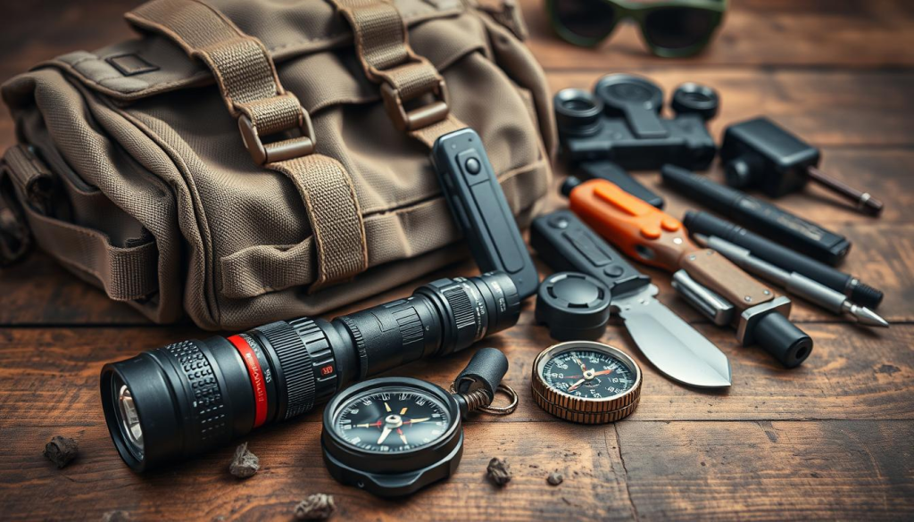 A rugged, weathered bug out bag rests on a sturdy wooden surface, surrounded by a collection of essential tracking and security items. In the foreground, a high-powered flashlight, a military-grade compass, and a signal mirror gleam under soft, directional lighting. Behind them, a tactical knife, a survival whistle, and a GPS device lie in perfect arrangement. In the background, a tactical pen, a multi-tool, and a pair of night-vision goggles create a sense of preparedness and self-reliance. The overall scene conveys a mood of pragmatic resilience, ready to face any unexpected challenges that may arise.