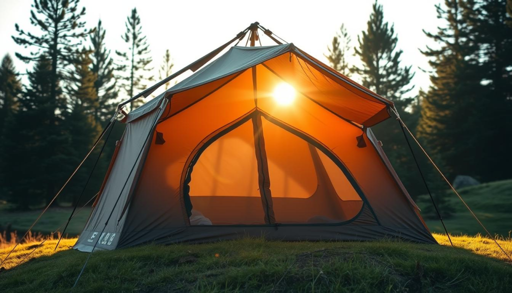 A rugged, weatherproof bug out bag tent standing tall in a serene outdoor setting. The tent's sturdy frame casts long shadows as warm, golden sunlight filters through the canopy, creating a cozy and inviting atmosphere. The tent's exterior is made of durable, water-resistant material in an earthy, neutral tone that blends seamlessly with the natural surroundings. The tent is positioned on a gently sloping, grassy knoll, with towering pine trees in the background, conveying a sense of shelter and protection in the wilderness. The scene evokes a feeling of preparedness, resilience, and the ability to comfortably weather any unexpected emergency.