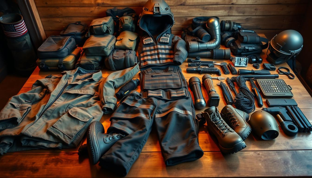 A rugged, well-equipped bug out bag laid out on a sturdy wooden table, its contents neatly organized. In the foreground, various clothing items including a durable, weatherproof jacket, cargo pants, sturdy boots, and insulating thermal layers. The middle ground showcases protective gear such as a reinforced tactical vest, knee/elbow pads, and a robust helmet. In the background, an array of survival tools, equipment, and supplies complete the comprehensive bug out bag setup, bathed in warm, directional lighting that highlights the functionality and preparedness of the ensemble.