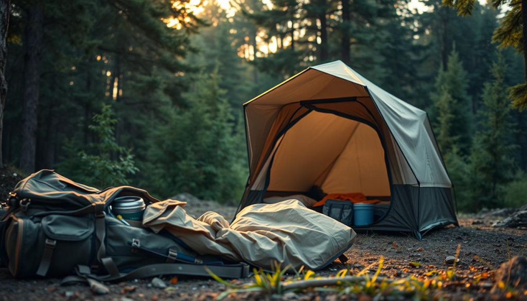 A rugged, well-equipped bug-out bag sits in the foreground, its contents spilling out to reveal a compact, weatherproof shelter and cozy sleeping system. Warm, buttery lighting casts a golden glow across the scene, creating an inviting and comfortable atmosphere. In the middle ground, the shelter's simple yet functional design is highlighted, with a sturdy frame and weatherproof fabric canopy. In the background, a lush, verdant forest provides a tranquil, secluded setting, suggesting a safe, off-grid refuge. The overall composition conveys a sense of preparedness, self-reliance, and connection with the natural world.