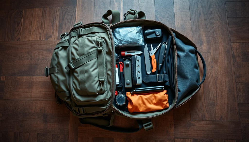 A rugged, well-equipped emergency survival backpack lies open on a wooden surface, showcasing its contents in meticulous detail. The backpack features a sturdy, weatherproof exterior in muted earthy tones, accented with durable straps and buckles. Its interior is neatly organized, revealing an array of essential survival gear: a compact water filtration system, a fire-starting kit, a multipurpose tool, a survival knife, a thermal blanket, and other vital emergency supplies. Soft, directional lighting illuminates the scene, casting subtle shadows that accentuate the backpack's functional design and the carefully curated items within. The overall mood is one of preparedness, practicality, and a sense of reassurance in the face of unexpected challenges.