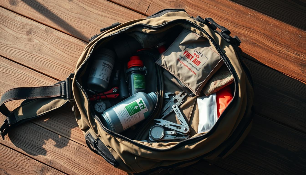 A rugged, well-organized bug out bag lying on a wooden surface, showcasing its key features in crisp, detailed clarity. The bag is open, revealing its meticulously compartmentalized interior, filled with essential survival gear - a water filtration system, first aid kit, emergency blankets, and a multi-tool. Warm, directional lighting casts shadows that accentuate the textures of the bag's durable, water-resistant material. The overall composition conveys a sense of preparedness and attention to detail, capturing the importance of having a well-equipped bug out bag for emergency situations.