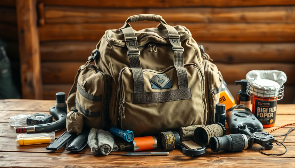 A rugged, well-stocked bug out bag resting on a sturdy wooden table, illuminated by warm, natural lighting. The bag's exterior showcases high-quality, durable materials in neutral tones, hinting at its versatility and reliability. Carefully arranged around the bag are various essential survival items, each meticulously chosen to provide maximum value and functionality in an emergency situation. The overall composition conveys a sense of preparedness, practicality, and the importance of being ready for the unexpected.