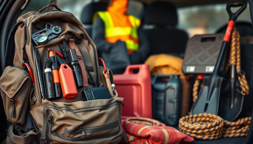 A rugged, well-stocked survival gear collection for the modern driver's car. In the foreground, a sturdy, weathered backpack overflows with essential items - a multi-tool, compass, flashlight, first-aid kit, and a high-visibility safety vest. The middle ground features a heavy-duty jumper cable, a portable power bank, and a compact emergency blanket. In the background, a durable jerry can, a fold-up shovel, and a heavy-duty tow strap rest against the side of the car, ready for any off-road or emergency situation. The scene is bathed in a warm, golden light, conveying a sense of preparedness and confidence.
