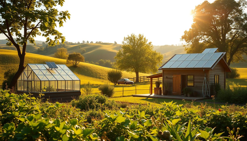 A serene, self-sufficient homestead nestled amidst lush, rolling hills. In the foreground, a well-tended organic garden overflows with vibrant, nutrient-dense produce. A hand-built greenhouse stands tall, its glass panels refracting warm, golden sunlight. A small, off-grid solar array powers the humble abode, its sleek panels blending seamlessly with the rustic architecture. In the middle ground, a hand-pumped well and rainwater catchment system provide a sustainable, renewable water source. Towering, leafy trees form a natural canopy, casting dappled shadows across the scene. The atmosphere is one of tranquility, resilience, and harmony with the land.