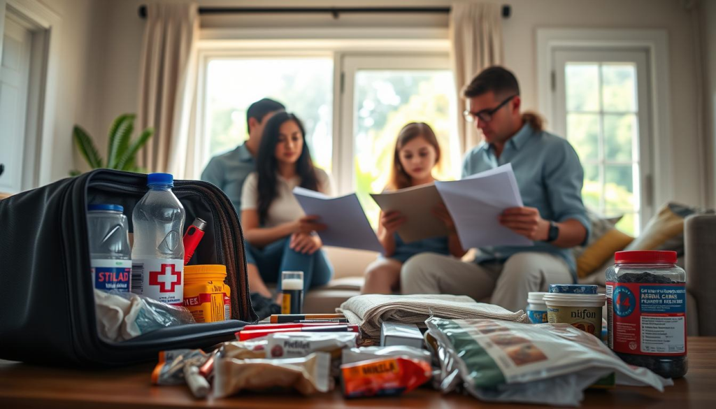 A serene, well-lit home interior on a sunny day. In the foreground, a neatly organized emergency preparedness kit with essential supplies - water, first-aid, flashlights, batteries, and non-perishable food. In the middle ground, a family reviewing a detailed preparedness plan, expressions calm and focused. The background features a window overlooking a lush, verdant landscape, symbolizing the sense of security and resilience. The lighting is soft, warm, and natural, creating an atmosphere of reassurance and readiness. The overall scene conveys a balanced, proactive approach to emergency preparedness.