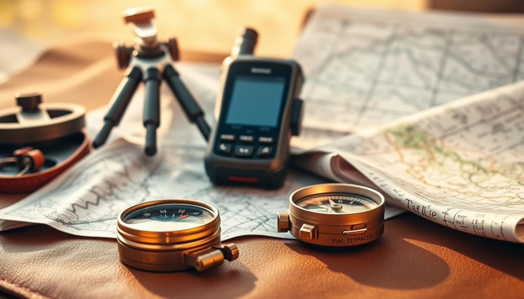 A sleek and functional array of navigation tools, bathed in warm, natural lighting. In the foreground, a rugged compass with a polished brass casing and luminous markings rests on a worn leather surface. Beside it, a detailed topographic map unfurls, its contours and legends crisp and legible. In the middle ground, a sturdy, weatherproof GPS device with a high-resolution display stands ready, its antennas poised to capture satellite signals. In the background, a vintage sextant and nautical charts evoke a sense of timeless exploration, complementing the modern tools. The overall scene conveys a sense of preparedness and adventure, perfect for the discerning bug-out bag enthusiast.