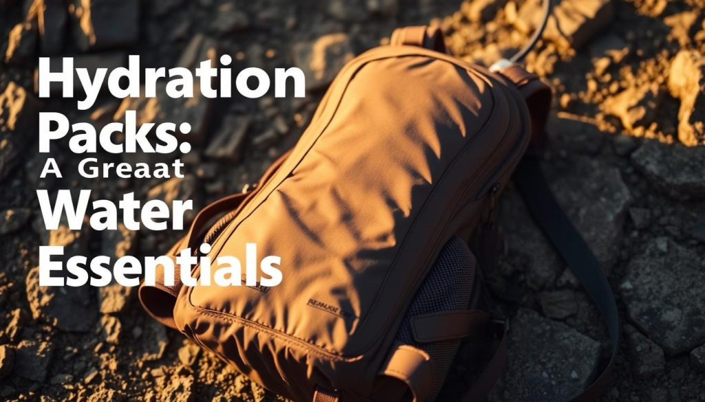 A sleek, durable hydration pack with adjustable straps and a breathable mesh back panel, resting on a rugged outdoor surface. The pack features a large main compartment, side pockets, and a detachable water bladder with a flexible drinking tube. Warm, directional lighting illuminates the pack's matte, water-resistant fabric, creating a sense of adventure and preparedness. The overall composition emphasizes the pack's practical functionality and suitability for outdoor excursions, reflecting the "Hydration Packs: A Great Addition" section of the "Must-Have Bug Out Bag Water Essentials" article.