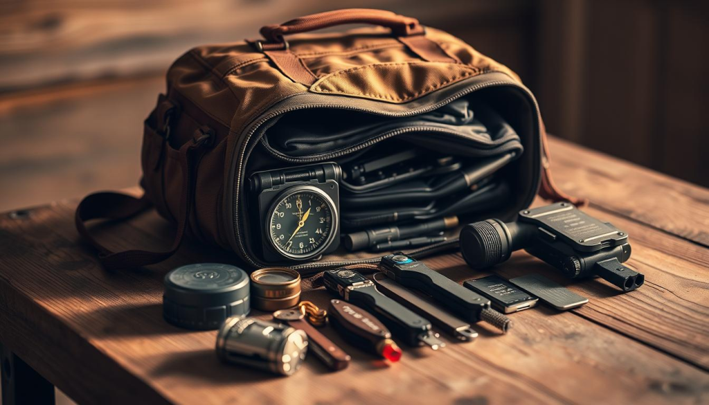 A sleek, well-equipped bug out bag rests on a sturdy wooden surface, its contents neatly organized and easily accessible. The bag's durable exterior is highlighted by warm, directional lighting, casting subtle shadows that add depth and dimensionality to the scene. In the middle ground, a compass, multitool, and other essential survival gear are displayed, showcasing the bag's comprehensive preparedness. The background blurs softly, drawing the viewer's focus to the bag and its thoughtfully curated contents, conveying a sense of confidence and readiness for any unexpected situation.