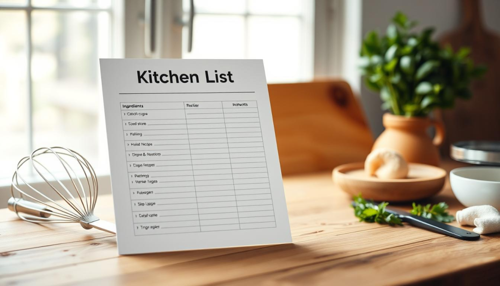 A sleek, well-organized kitchen prep list template displayed on a wooden table, illuminated by soft, natural lighting from a nearby window. The template features a clean, minimalist design with neatly organized sections for ingredients, measurements, and instructions. The layout is easy to read and navigate, with subtle grid lines guiding the user's eye. The template is presented against a backdrop of simple kitchen utensils, like a whisk, a spatula, and a few fresh herbs, creating a cohesive and visually appealing scene. The overall mood is one of efficiency, organization, and inspiration for the home cook.