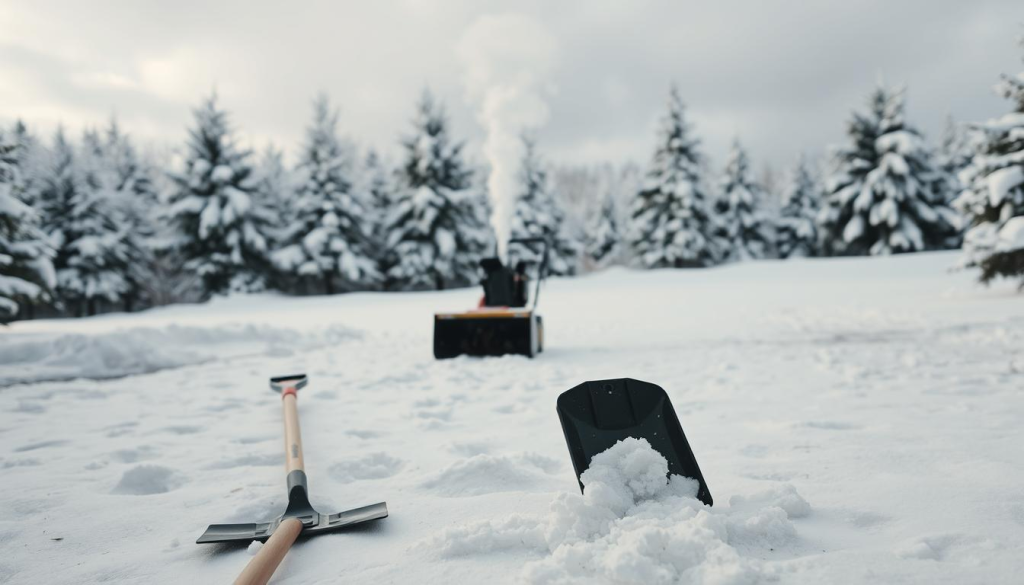 A snow-covered driveway and yard, with a shovel, ice scraper, and rock salt prominently displayed in the foreground. In the middle ground, a snowblower stands ready, its exhaust billowing plumes of white against a cloudy, overcast sky. In the background, trees heavy with snow line the edges of the scene, creating a sense of isolation and the need for preparedness. The lighting is soft and diffused, casting long shadows and emphasizing the textural qualities of the snow and equipment. The overall mood is one of anticipation and the desire to be equipped for the impending winter storm.