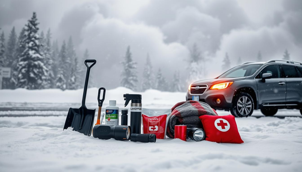 A snow-covered landscape in the foreground, with a mid-sized SUV parked on the side of the road. In the middle ground, a collection of essential winter storm items are neatly arranged, including a snow shovel, ice scraper, de-icer spray, a warm blanket, flashlight, and a first-aid kit. The background features a dense, ominous-looking snowstorm with swirling winds and heavy snowfall, creating a sense of urgency and the need for preparedness. The lighting is a mix of natural daylight and the warm glow of the vehicle's headlights, casting dramatic shadows across the scene. The overall mood is one of rugged, practical preparation in the face of a potentially treacherous winter storm.