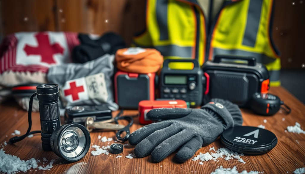 A snow storm emergency kit arranged on a wooden table, illuminated by a warm, soft light. In the foreground, a sturdy flashlight, a portable battery pack, and a thick, insulated gloves. In the middle ground, a first-aid kit, a multi-tool, and a compact emergency radio. In the background, a thermal blanket, a hand-crank phone charger, and a high-visibility safety vest. The overall scene conveys a sense of preparedness and resilience, ready to face the challenges of a winter storm.