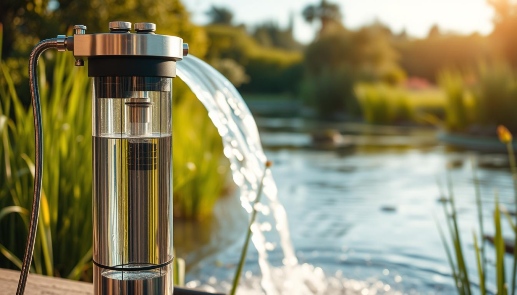 A sophisticated, sleek water filtration system stands prominently in the foreground, its metallic casing and intricate components illuminated by warm, natural lighting. In the middle ground, clear, flowing water cascades through the filtration stages, reflecting the soft glow. The background features a serene, natural setting, with lush greenery and a tranquil pond, evoking a sense of purity and sustainability. The overall scene conveys the importance of clean, reliable water access for a family's preparedness and resilience.