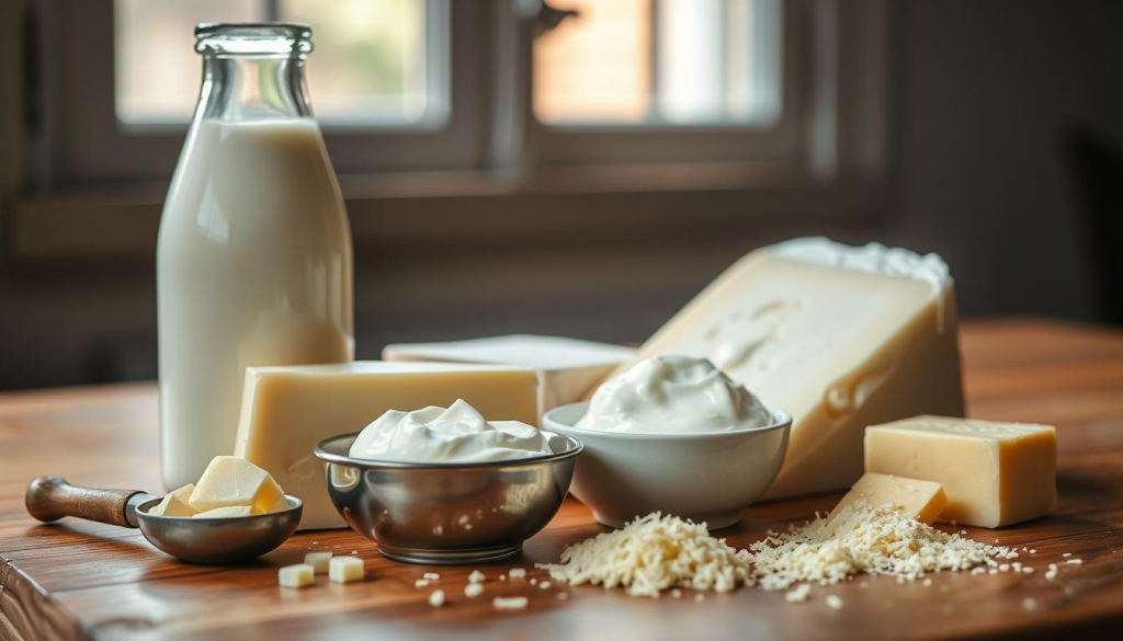 A still life image of an assortment of dairy products, including a glass bottle of fresh milk, a wedge of creamy white cheese, a small bowl of thick Greek yogurt, a pat of golden butter, and a sprinkle of grated Parmesan. The items are arranged artfully on a wooden table, with natural lighting filtering in from a window, casting a soft, warm glow on the scene. The background is slightly blurred, allowing the dairy products to take center stage. The overall mood is one of wholesome, homemade goodness, capturing the essence of a well-stocked kitchen pantry.