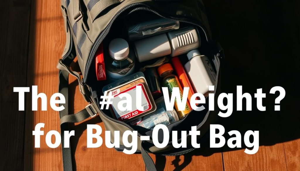 A sturdy backpack rests on a wooden surface, its contents carefully arranged to illustrate the ideal weight for a bug-out bag. The backpack's straps and zippers are visible, suggesting a well-designed and durable construction. The items inside the bag, including a first-aid kit, water bottles, and emergency supplies, are neatly organized, their shapes and outlines hinting at their purpose. The lighting is warm and natural, casting gentle shadows that provide depth and dimension to the scene. The overall mood is one of preparedness and attention to detail, conveying the importance of carefully considering the weight and contents of an emergency bag.