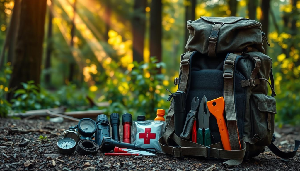 A sturdy, rugged backpack sits in the foreground, its various compartments and straps showcasing a diverse array of survival gear essentials. In the middle ground, a compass, flashlight, first aid kit, and fire-starting tools are meticulously arranged, their utilitarian design and vibrant colors contrasting against a muted, earthy backdrop. In the background, a lush, verdant forest setting with rays of warm, golden light filtering through the trees, evoking a sense of adventure and resilience. The overall scene conveys a balanced and well-thought-out collection of critical items for navigating and surviving in the great outdoors.