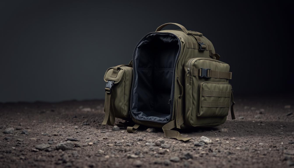 A sturdy, waterproof bug out bag sits on a rugged, textured surface. The bag's exterior is crafted from durable, weatherproof material, featuring reinforced straps and buckles. The main compartment is spacious, with multiple pockets and compartments for efficient organization. Tactical MOLLE webbing covers the bag, allowing the attachment of additional gear. Soft, muted lighting casts dramatic shadows, highlighting the bag's resilient design. In the background, a minimalist, utilitarian setting with neutral tones sets the tone for a reliable, functional survival kit.