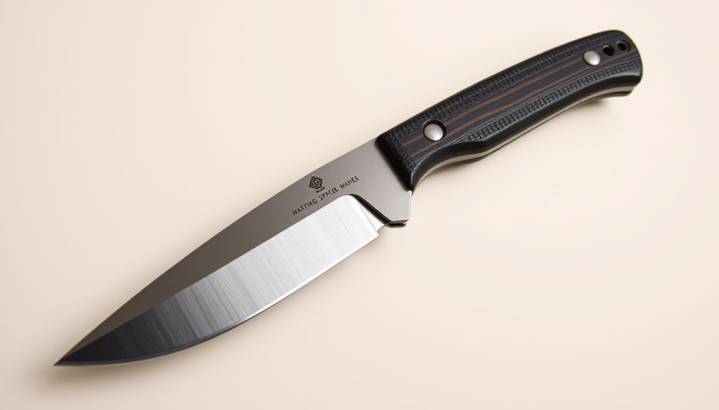 A sturdy, well-crafted bug-out bag knife, showcased against a neutral background with soft, even lighting. The blade gleams with a high-quality metallic finish, accentuating its sharp, functional edges. The handle material, whether textured polymer or durable wood, exudes a sense of rugged reliability. The knife's overall silhouette conveys a sense of practicality and utility, hinting at its versatility in outdoor survival scenarios. The composition highlights the knife's key features - the robust construction, the ergonomic grip, and the versatile blade design - to inspire confidence in its ability to perform essential tasks when disaster strikes.