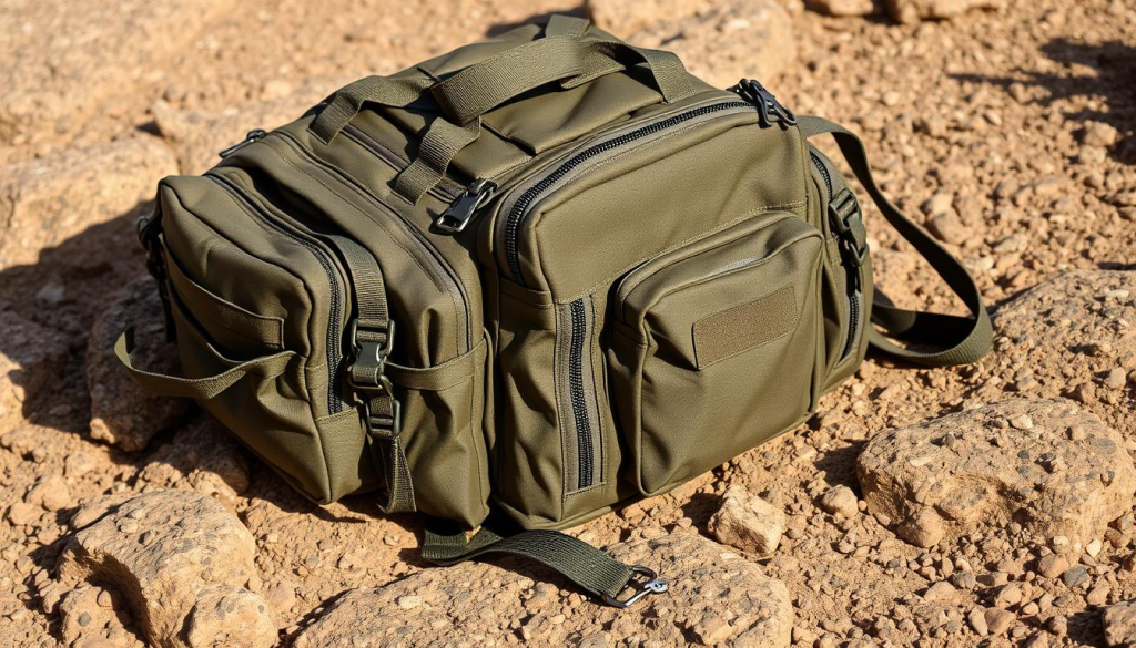 A sturdy, well-designed bug out bag resting on a rugged, textured surface. The bag features multiple compartments, straps, and pockets, showcasing its functional organization. Tactical zippers, reinforced corners, and durable materials like nylon or canvas give the bag a practical, adventure-ready appearance. The lighting is natural, casting warm shadows that accentuate the bag's contours. The angle is slightly elevated, allowing the viewer to appreciate the bag's features and overall composition. The mood is one of preparedness, with a sense of rugged utility and resilience, perfectly suited for the "How to Choose the Right Bag" section of the "Understanding the Bug Out Bag: Essentials for Emergencies" article.