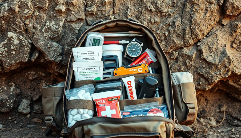 A sturdy, well-stocked emergency survival pack sits against a rugged, naturalistic backdrop. The pack's exterior features durable nylon and strategic pouches, conveying readiness for any outdoor challenge. Inside, carefully organized compartments house essentials like water purification tablets, a compass, a multi-tool, energy bars, and a first aid kit. Warm, natural lighting illuminates the scene, casting a sense of preparedness and confidence. The pack is positioned at a slightly elevated angle, showcasing its practicality and versatility. An overall tone of resilience and self-reliance pervades the image, capturing the essence of a reliable bug-out bag.