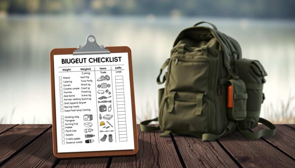 A stylized illustration of a weight checklist for a bug out bag, displayed on a weathered wooden surface. The foreground features a clipboard with a detailed list of items, meticulously arranged with various camping and survival gear. The middle ground showcases a rugged backpack, resting open to reveal its contents. The background depicts a calm, natural setting with soft, diffused lighting, conveying a sense of preparedness and adventure. The image should have a muted, earthy color palette, with a focus on creating a practical, utilitarian aesthetic that aligns with the subject matter.