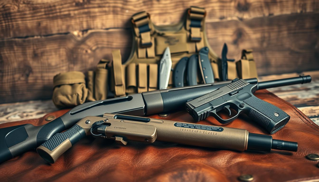 A tactical firearms display showcasing essential survival gear. In the foreground, a rugged bolt-action rifle and a reliable semi-automatic handgun rest on a worn leather surface, their metallic surfaces gleaming under the warm, directional lighting. In the middle ground, a tactical vest with various pouches and attachments sits next to a compact, folding knife and a durable multi-tool. The background features a weathered wooden surface, hinting at a remote, wilderness setting, with a subtly textured, earthy tone that conveys a sense of preparedness and self-reliance.