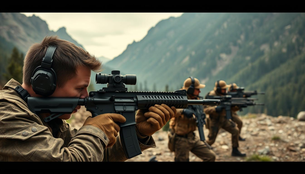 A tactical firearms training session set in a rugged outdoor environment. In the foreground, a skilled marksman carefully sights their weapon, their focused expression and precise movements conveying a mastery of their craft. The middle ground features a group of trainees engaging in drills, their tactical gear and weapons clearly visible as they move through a series of carefully choreographed exercises. In the background, a natural landscape provides the backdrop, with towering mountains and dense forests framing the scene. Diffused, natural lighting illuminates the entire composition, creating a sense of realism and authenticity. The overall mood is one of intense focus, discipline, and the honing of essential survival skills.