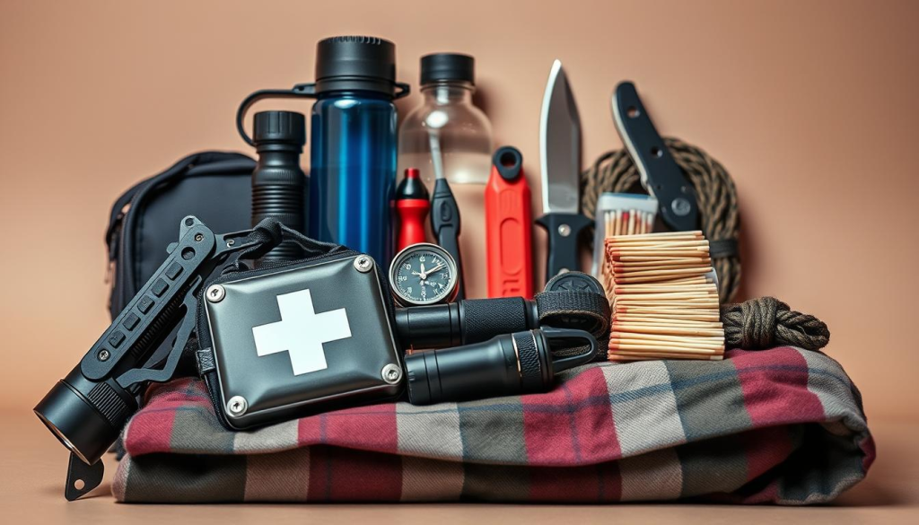 A tightly-packed array of essential emergency survival tools and equipment, neatly arranged against a clean, neutral background. In the foreground, a sturdy multi-tool, tactical flashlight, and compact first aid kit sit atop a folded emergency blanket. The middle ground showcases a durable water bottle, compass, and waterproof matches, with a rugged survival knife and paracord coil in the background. Subtle warm lighting casts a reassuring glow, conveying a sense of preparedness and capability. The overall composition emphasizes the compactness and versatility of the essential items needed for wilderness or urban emergencies.